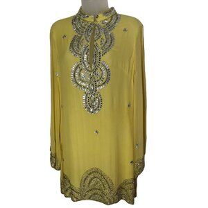 Stunning Yellow Beaded Tunic Top With Intricate Silver Embroidery Elegant small